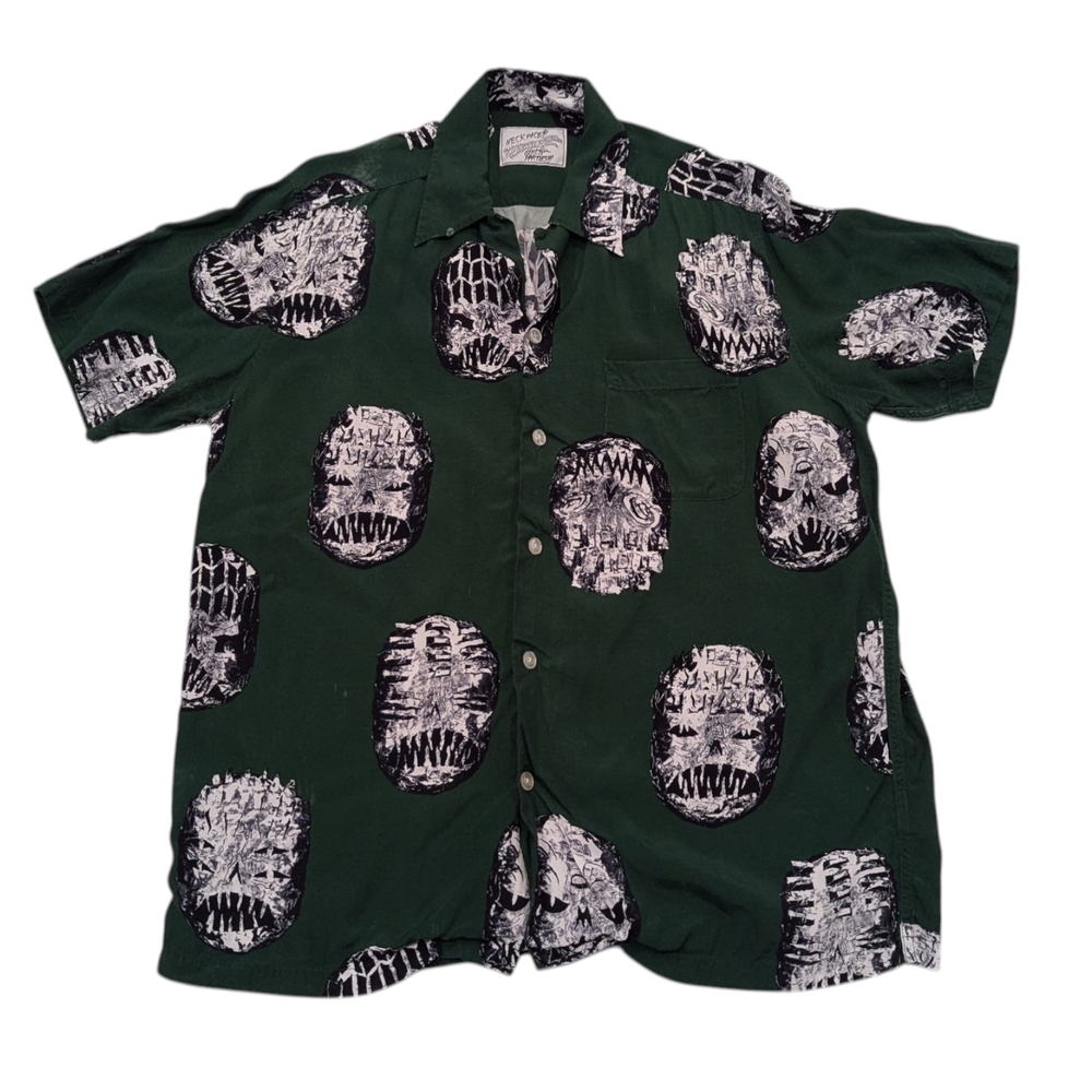 Wacko Maria X Neck Face Hawaiian Green Art Face Shirt Large Made In Japan